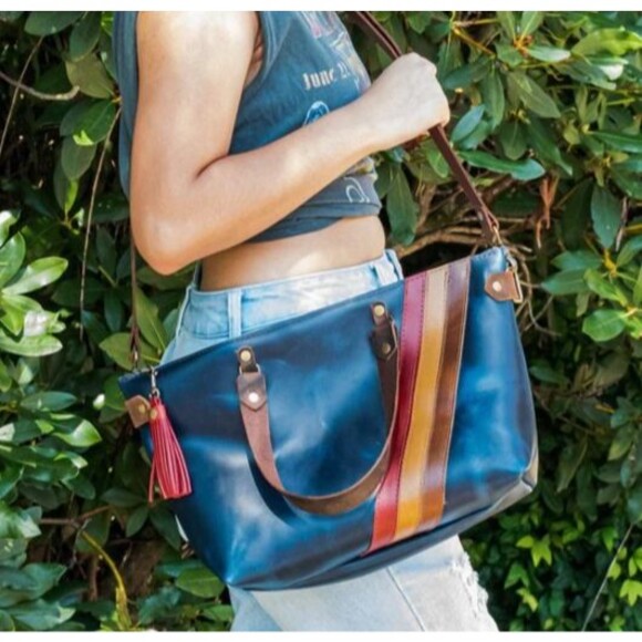 IN BLUE Handmade Leather 70's Bowler Bag Blue Leather Purse Cross Body - Picture 1 of 16